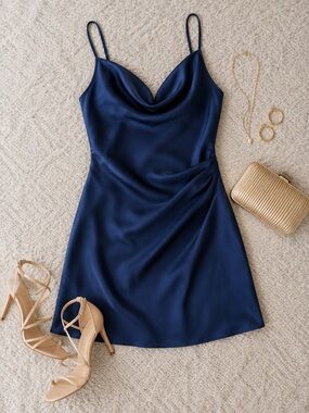 DKNY Satin Cowlneck Slip Dress – Indigo Blue NWT Size 6 Elegant Minimalist Chic